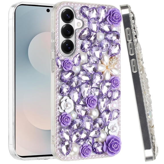 XPM for Samsung Galaxy S26 / S26 Plus Fashion Rose Flower Floral, 3D Bling Crystal Full Diamonds Pearl Sparkle Rhinestone Glitter Hybrid Phone Case Cover (Purple)