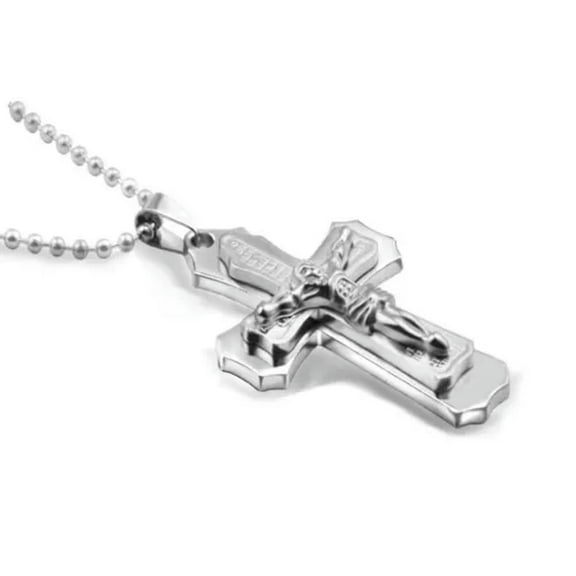 HOOUN Mens Women Chain Necklace Cross Stainless Steel Pendant Crucifix Jesus UK Gift-Silver