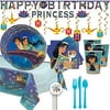 Princess Jasmine and Aladdin Birthday Party Supplies Pack 16 guests With Banners, Plates, Napkins, Tablecover, Cutlery, Cups, Swirls and Pin