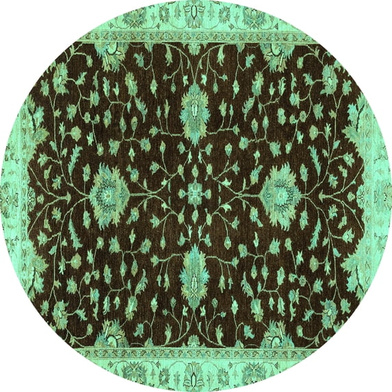 Ahgly Company Machine Washable Indoor Round Oriental Turquoise Blue Traditional Area Rugs, 3' Round
