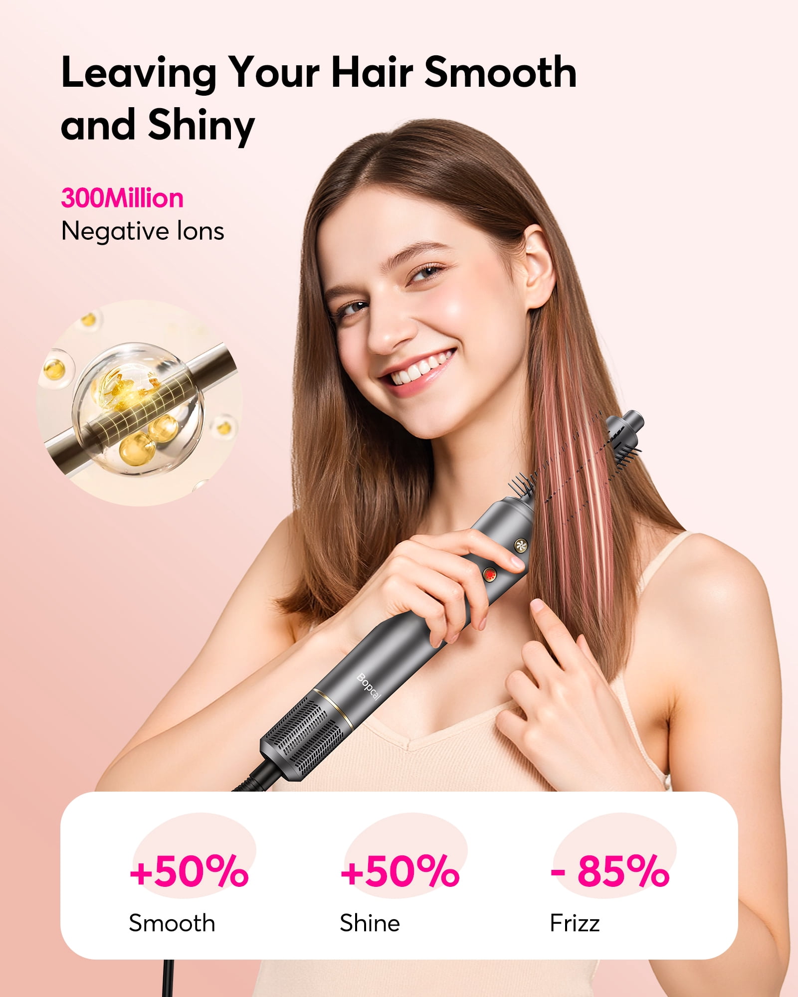 Bopcal 2 in 1 Hair Dryer Brush for Travel -  Fast Drying and Straightening, Negative Ionic Hair Dryer, Auto-Rotating Round Brush,for All Hair Types,Gray