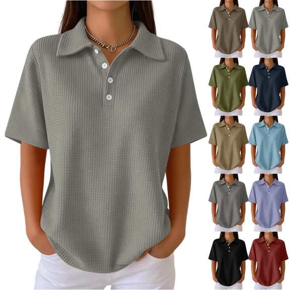 Waffle Knit Polo Shirt for Women Collared Short Sleeve Button Placket Soft Breathable Comfortable Casual Shirts for Work, #01 Gray, XL