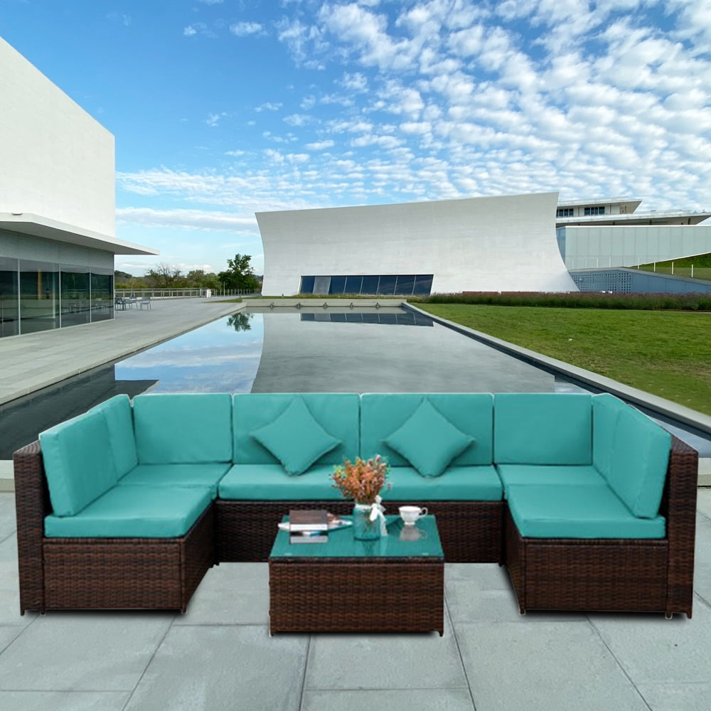 7 Pieces Outdoor Wicker Patio Sofa Set, Modern Rattan Conversation Furniture Set, AllWeather