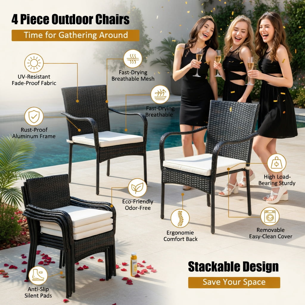 Hommoo 4-Piece Stackable Outdoor Rattan Dining Chairs with Removable Cushions, Weather-Resistant PE Wicker & Steel Frame for Patio, Garden, Poolside, Brown