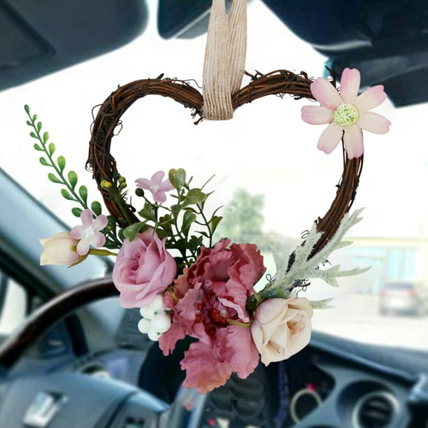 Lisbinx - Corona decorativa para el hogar, de ratán, con forma de corazón, flores artificiales, para colgar en la pared, para bodas, para la puerta de la silla