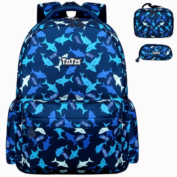 TZLTZS Kids School Backpack Set, Shark Print, Waterproof Boys Bookbag 3Pieces with Lunch Bag & Pencil Case for Elementary Students