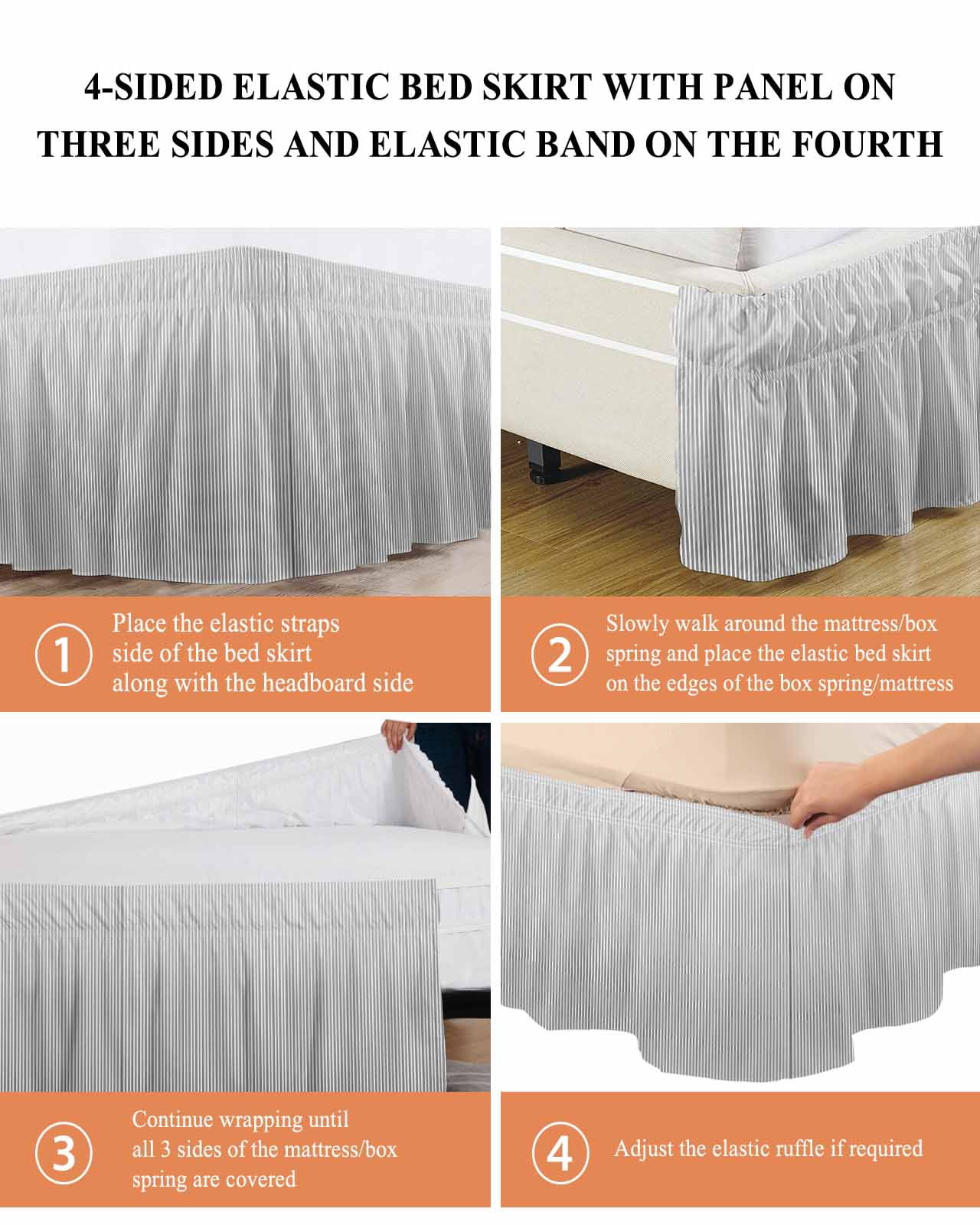 Gray Striped Wrap Around Bed Skirts for Queen Bed 16" Drop,Bed Skirt with Adjustable Elastic Belt Dust Ruffle Bed Valance for Bedroom Hotel Modern Minimalist Vertical Stripes Lines Bed Frame Cover