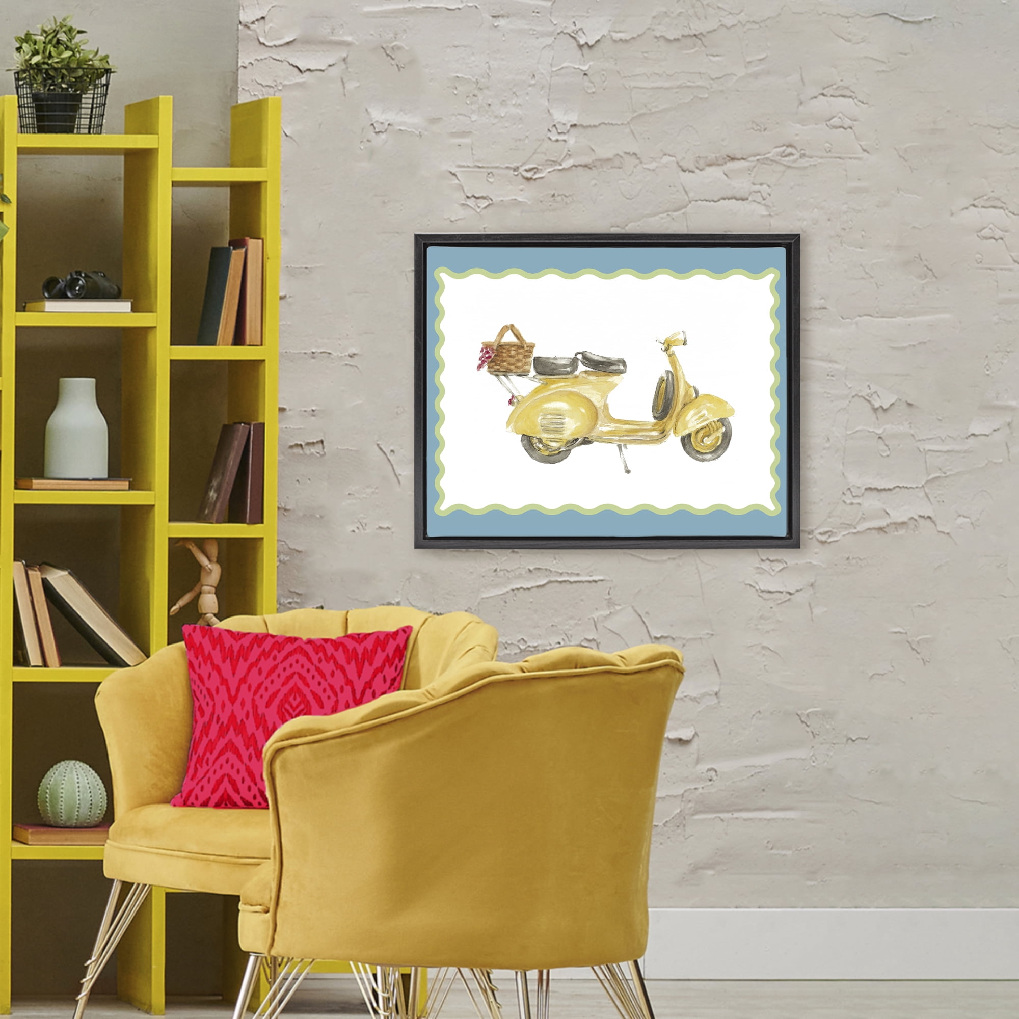 Stupell Industries Yellow Vespa with Wavy Border Black Framed Floater Canvas Wall Art, design by Lanie Loreth