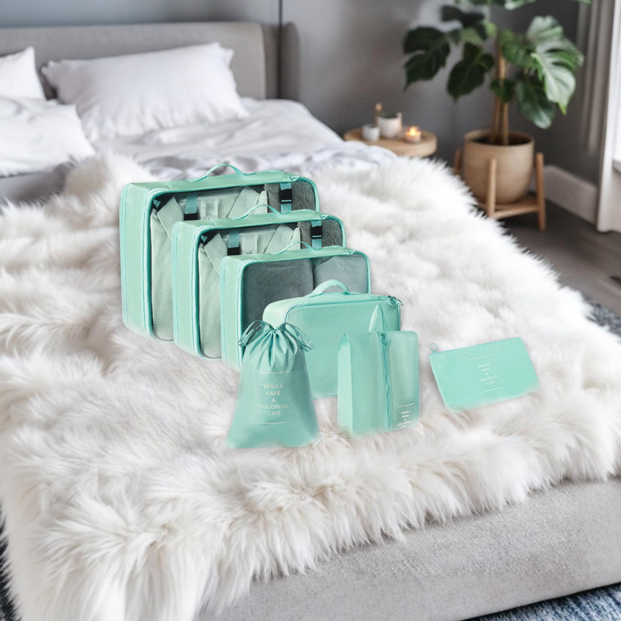 Unique Bargains Portable Packing Cube Set with 7 Different Sized Bags Light Blue