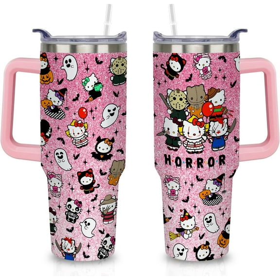 40oz Halloween Tumbler with Handle Lid and Straw, Halloween Hello Cat Ghost Cup Gifts for Women Girls, Halloween Tumblers, Spooky Tumbler Gifts for Women, Pink