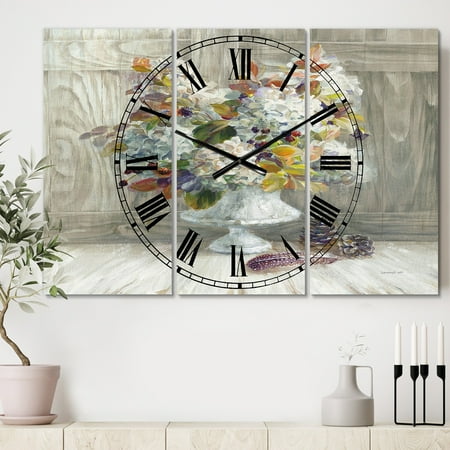Rustic Cottage Designs DESIGN ART Designart 'Rustic Florals White' Cottage 3 Panels Oversized Wall CLock - 36 in. wide x 28 in. high - 3 panels ()
