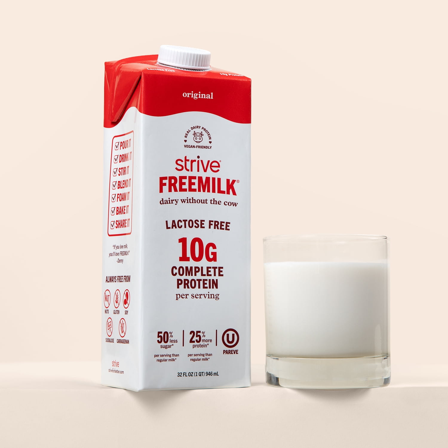 Strive Freemilk Original 32 fl oz, Lactose-Free, Shelf Stable, Vegan-Friendly, 10g Protein, Low Sugar, Kosher Pareve, Milk Alternative