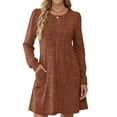 thumbnail image 4 of CharmCyan Women's Long Sleeve Pleated Round Neck Solid Color Casual Dress With Pockets Brown 2XL, 4 of 5