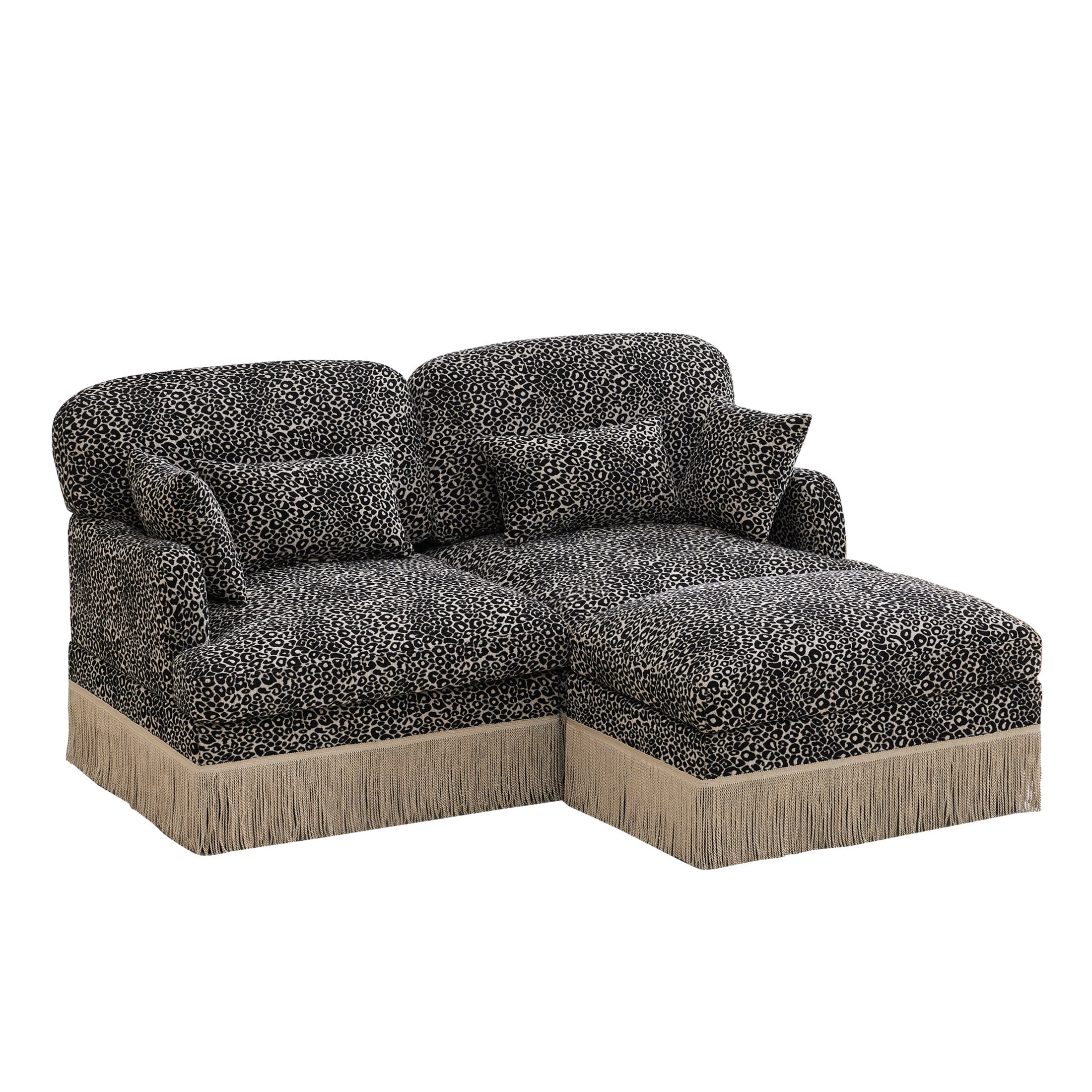 Noble House Carola Leopard Print Chenille 2-Seater Sofa, Modular Sectional Couch with Ottoman and Tassel Trim, Khaki