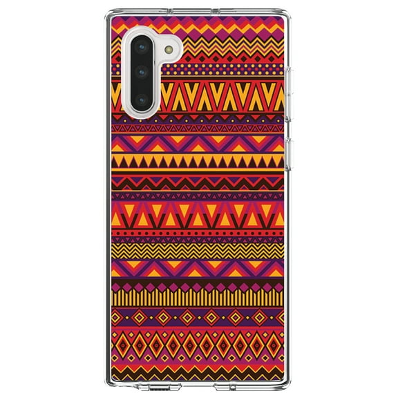 DistinctInk Clear Shockproof Hybrid Case for Samsung Galaxy Note 10 (6.3" Screen) - TPU Bumper, Acrylic Back, Tempered Glass Screen Protector - Purple Red Yellow Tribal Print