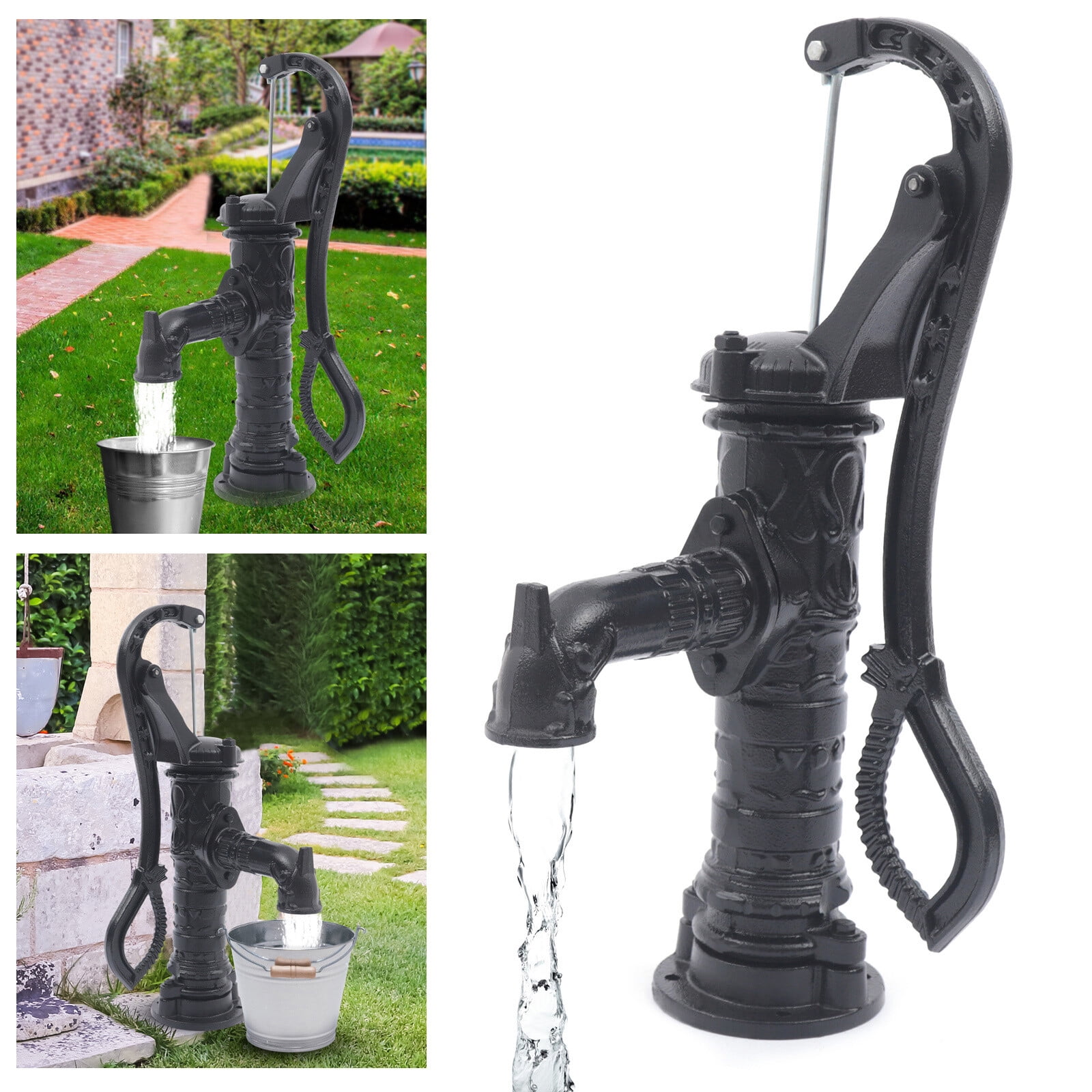 Cast Iron Vintage Pitcher Pump with Extended Spout & Floral Design – Durable Hand Water Pump for Garden, Park & Outdoor Use, Rust-Resistant Black Finish
