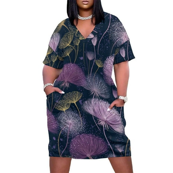 Purple Dandelion Floral Seamless Pattern Women's Loose Short Sleeve Dress Casual Summer Plus Size Long Dresses with Pockets