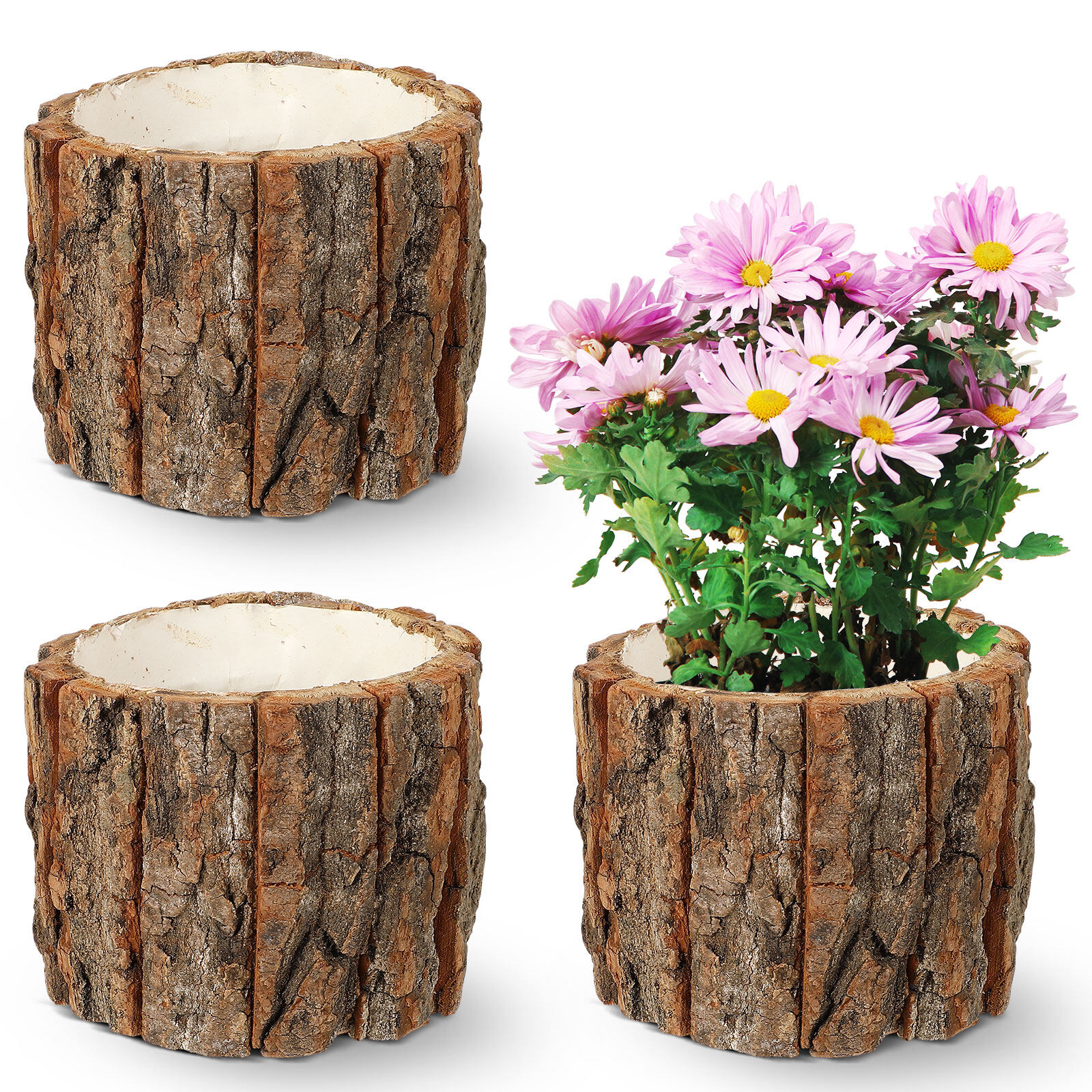 Plant Pots 3 Pcs Wooden Flower Pots Natural Wood Bark Flower Buckets