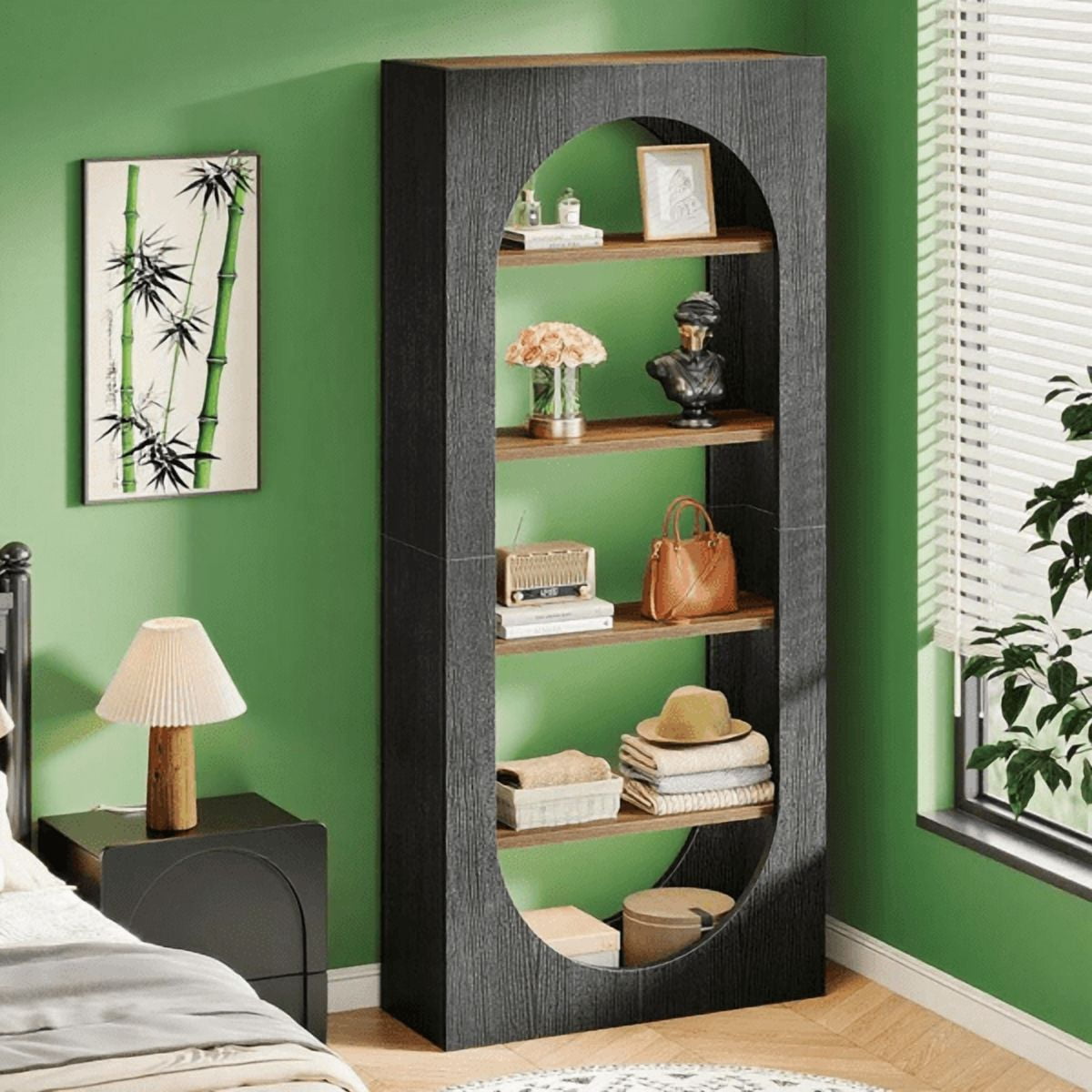 5-Tier Black Bookshelf with Arch Design, 45lb per Shelf, for Living Room/Home Office/Bedroom