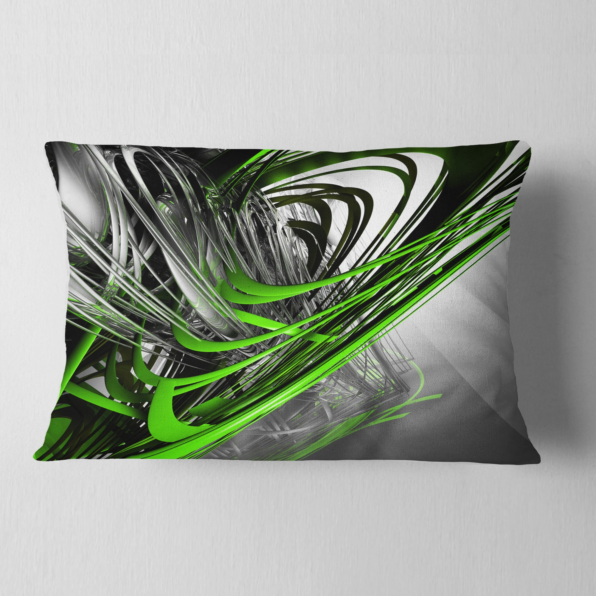 Designart Fractal 3D Green Silver Stripes - Abstract Throw Pillow - 12x20