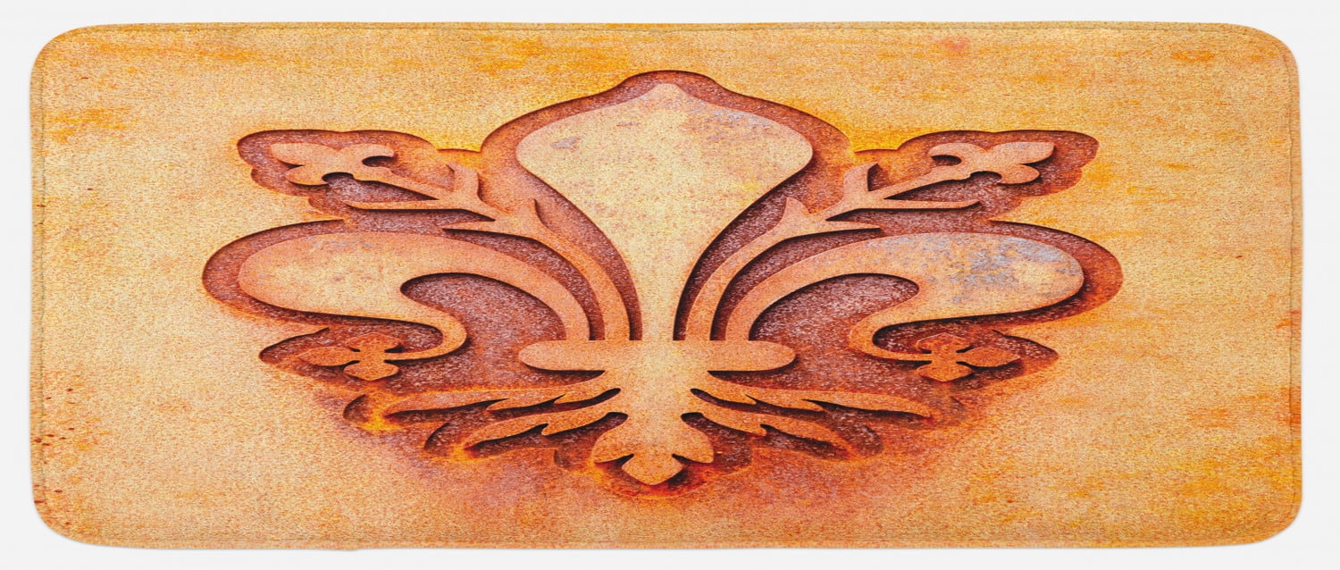 Fleur De Lis Kitchen Mat, Lily Flower on Plate Floral Design Royal Arms France Sign Cultural Print, Plush Decorative Kitchen Mat with Non Slip ...
