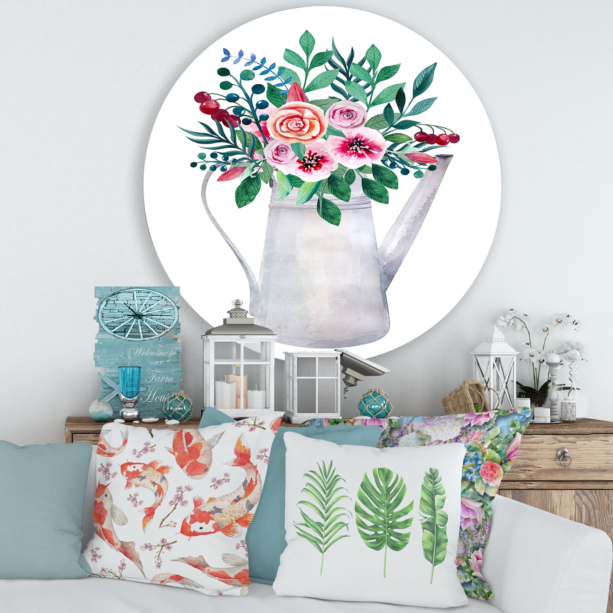Designart 'Bouquets of Flowers In Rustic Flowering Pot With Berries' Traditional Circle Metal Wall Art 36x36 - Disc of 36