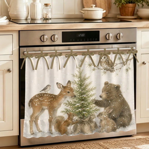 Oven Skirt Curtain for Kitchen 20x27 Inch, Forest Oven Curtain with 8 Ribbon Ties & Ruffle Trim, Stove Skirt Curtain Dishwasher for Cabinets Over Sinks Christmas Trees Snowflake Elk Wildlife Winter