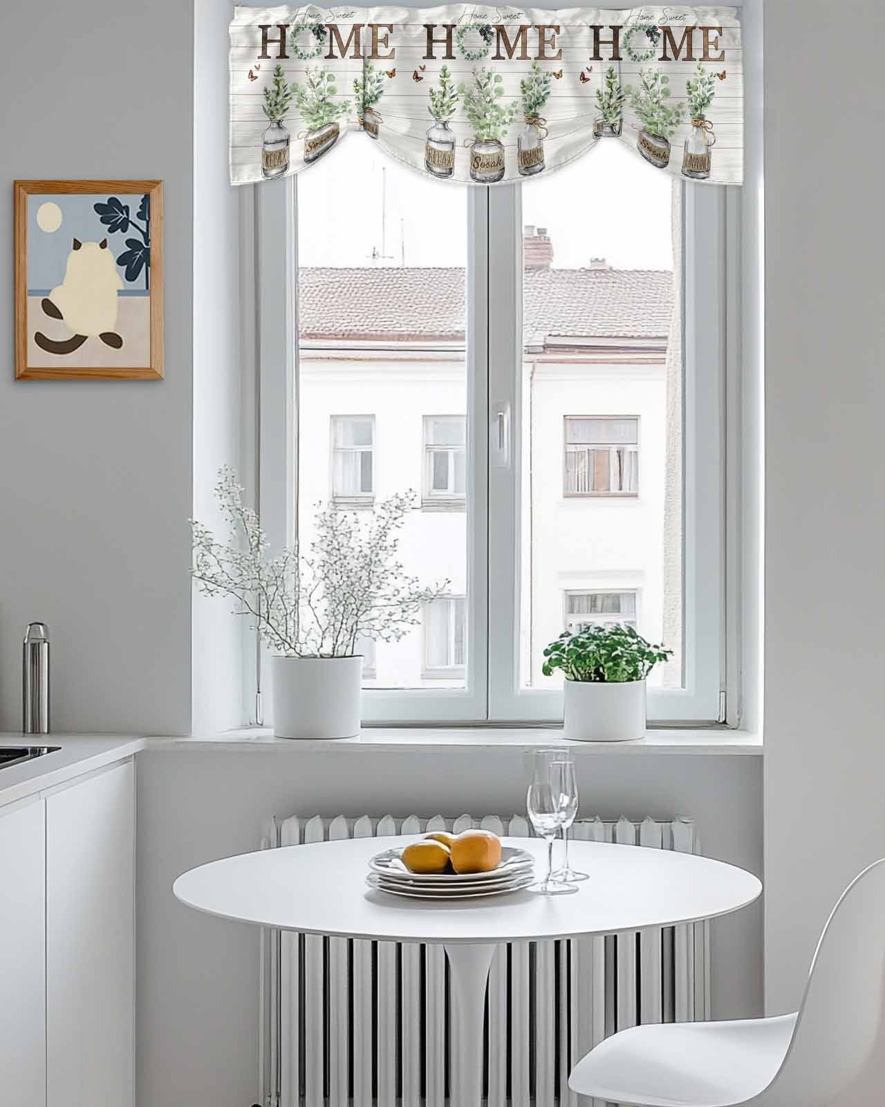 Farmhouse Tie Up Valances Curtain, Adjustable Kitchen Home Sweet Home Green Eucalyptus Wood Grain Valances for Windows Decor, Rod Pocket Short Curtains Set for Bedroom/Bathroom, 60"x18"