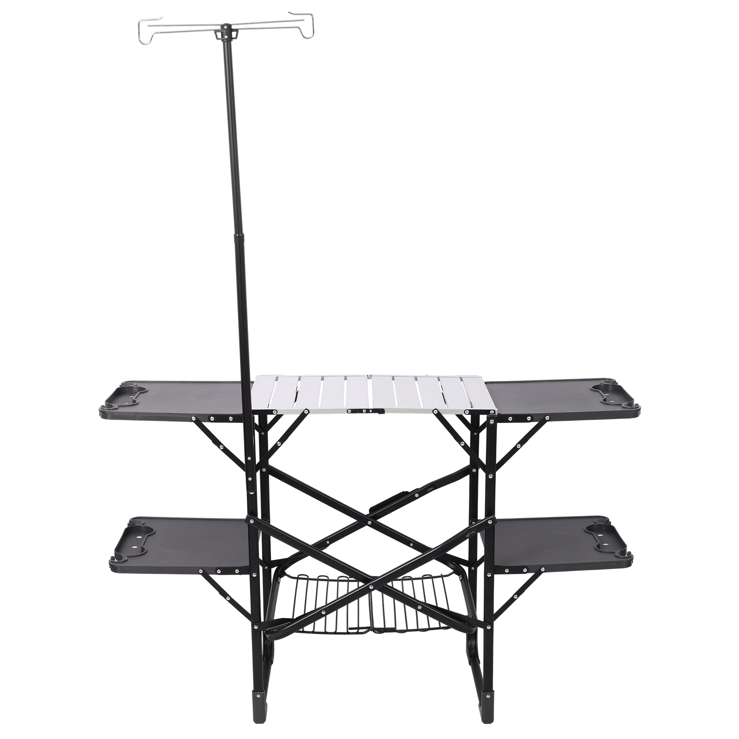 Folding Camping Kitchen Table, Portable Outdoor Cooking Station with Heat Resistant Top, 4 Side Tables, Storage Rack & Lamp Post for Picnics & Camping Trips