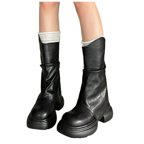 Chunky Fold Over Boots for Women 2025 Roman Fashion Slouchy Platform Wide Mid Calf Riding Boots