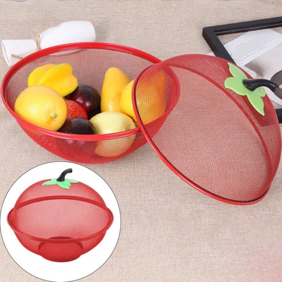 Fruit Bowl with Lid,Fruit Basket with Lid,Mesh Apple Shaped Fruit Bowl,Cover Protective Holder Countertop Metal Wire Against Flies,Reusable Strainer for Gift Restaurant Kitchen Food Vegetable,Red