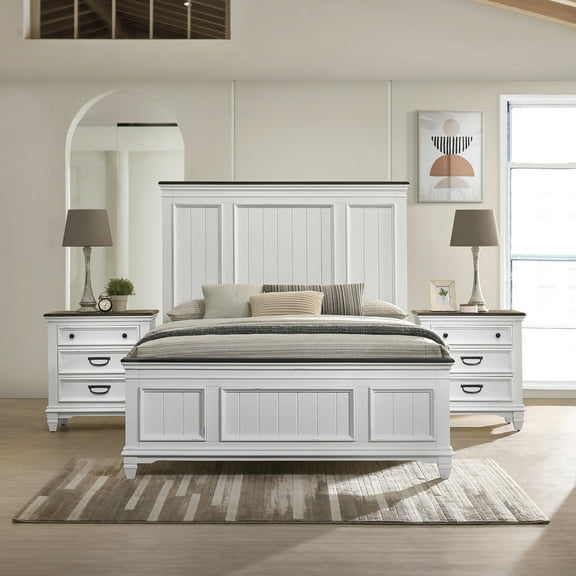 Panel Bedroom Ensemble. Queen Bed And 2 Nightstands. Modern Style. Weathered White Finish. Solid Tropical Wood. Delicate Trim 3 With . Antique White gray. Contemporary Look. Distressed Details