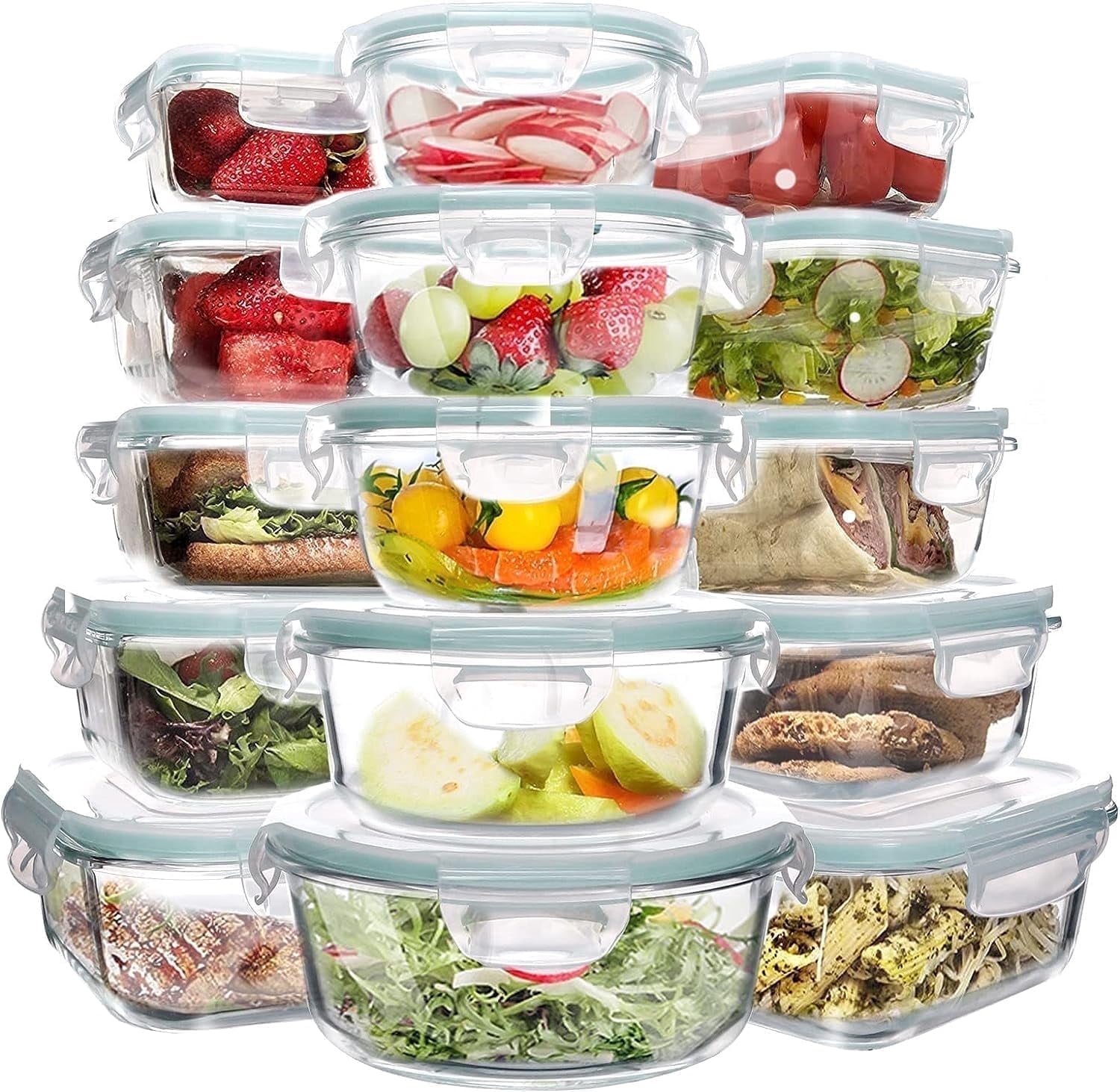 WhiteRhino 15 Packs Glass Food Storage Container with Airtight Lids,Stackable Square Meal Prep Containers for Kitchen Freezer,Round Glass Lunch Box