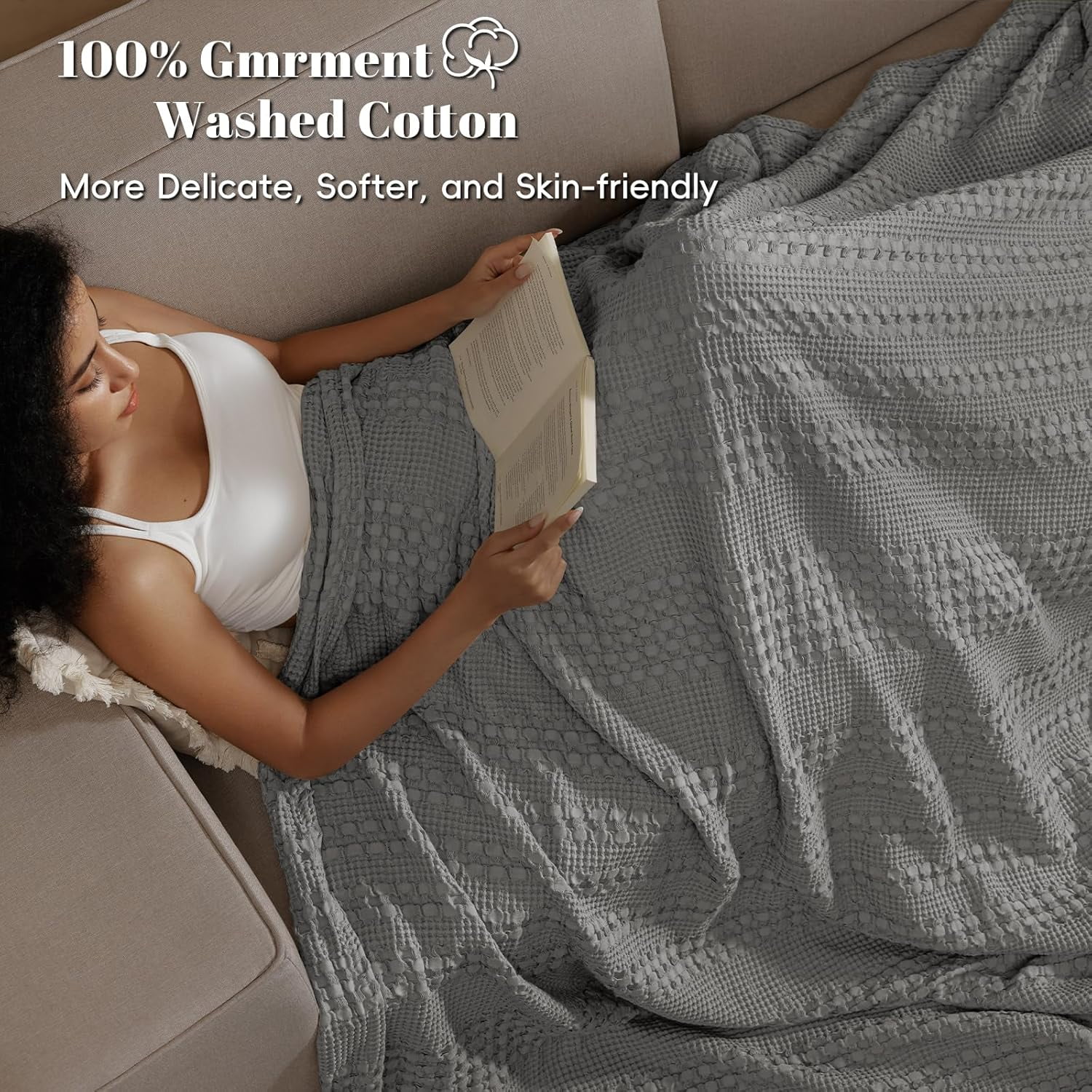 PHF 100% Cotton Waffle Weave Blanket, Lightweight King Washed Blanket for Bed Sofa Home Decor, Dark Grey, 108"x90"