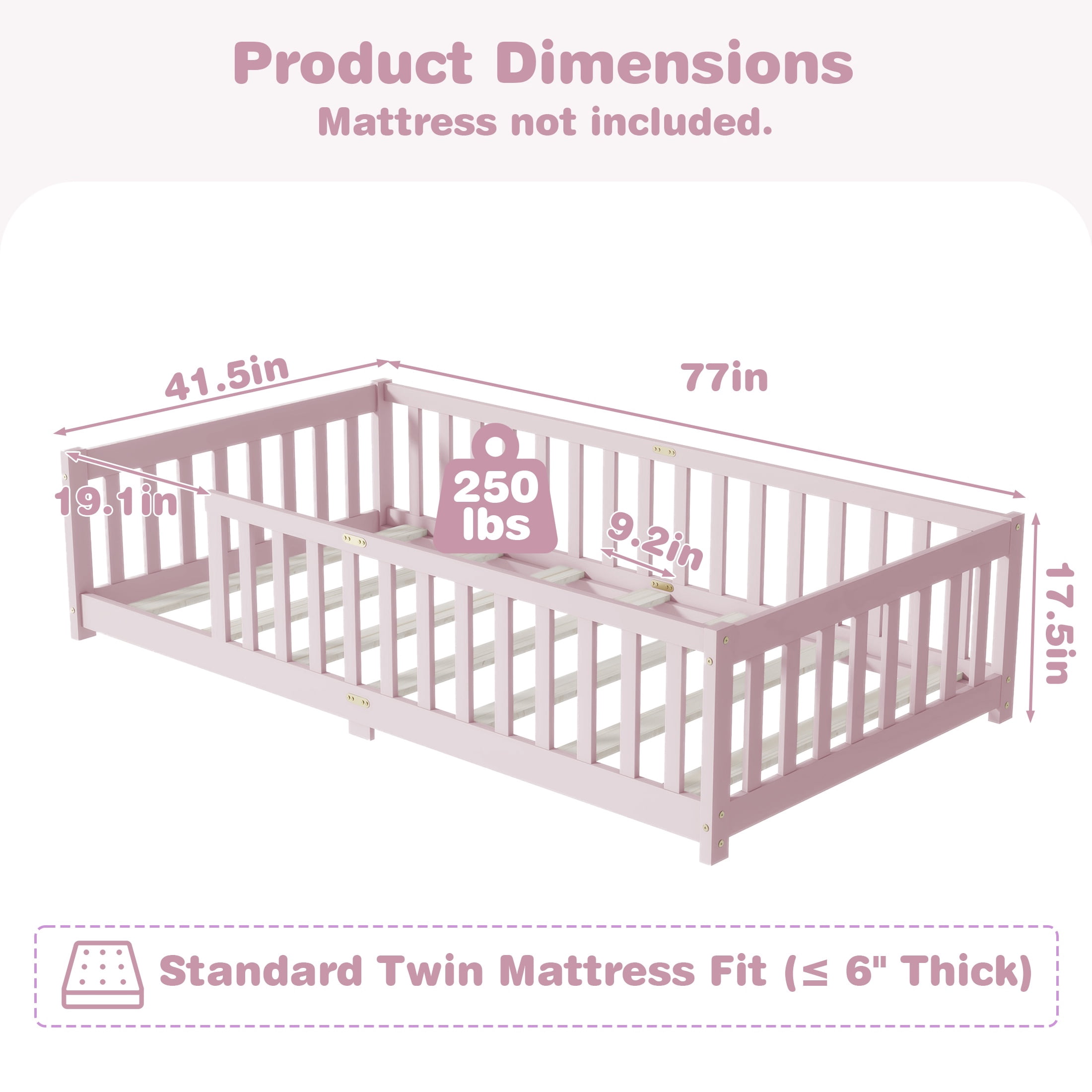 Sesslife Twin Montessori Floor Bed, Wood Twin Size Floor Bed Frame with Safety Guardrails and Slats, Low Profile Toddler Bed for Kids Boys and Girls, No Box Spring Needed, Pink