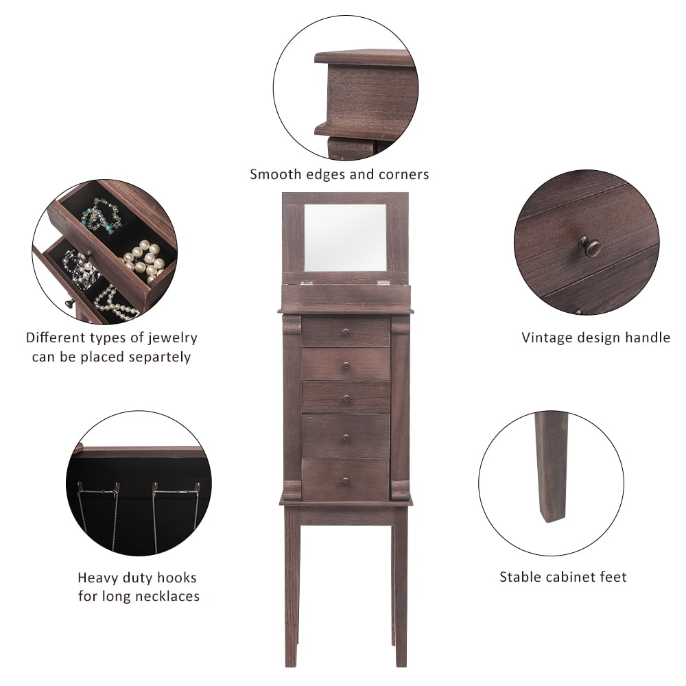 Lowestbest Standing Jewelry Armoire with Mirror, Jewelry Cabinet Chest with 5 Drawers & 8 Necklace Hooks
