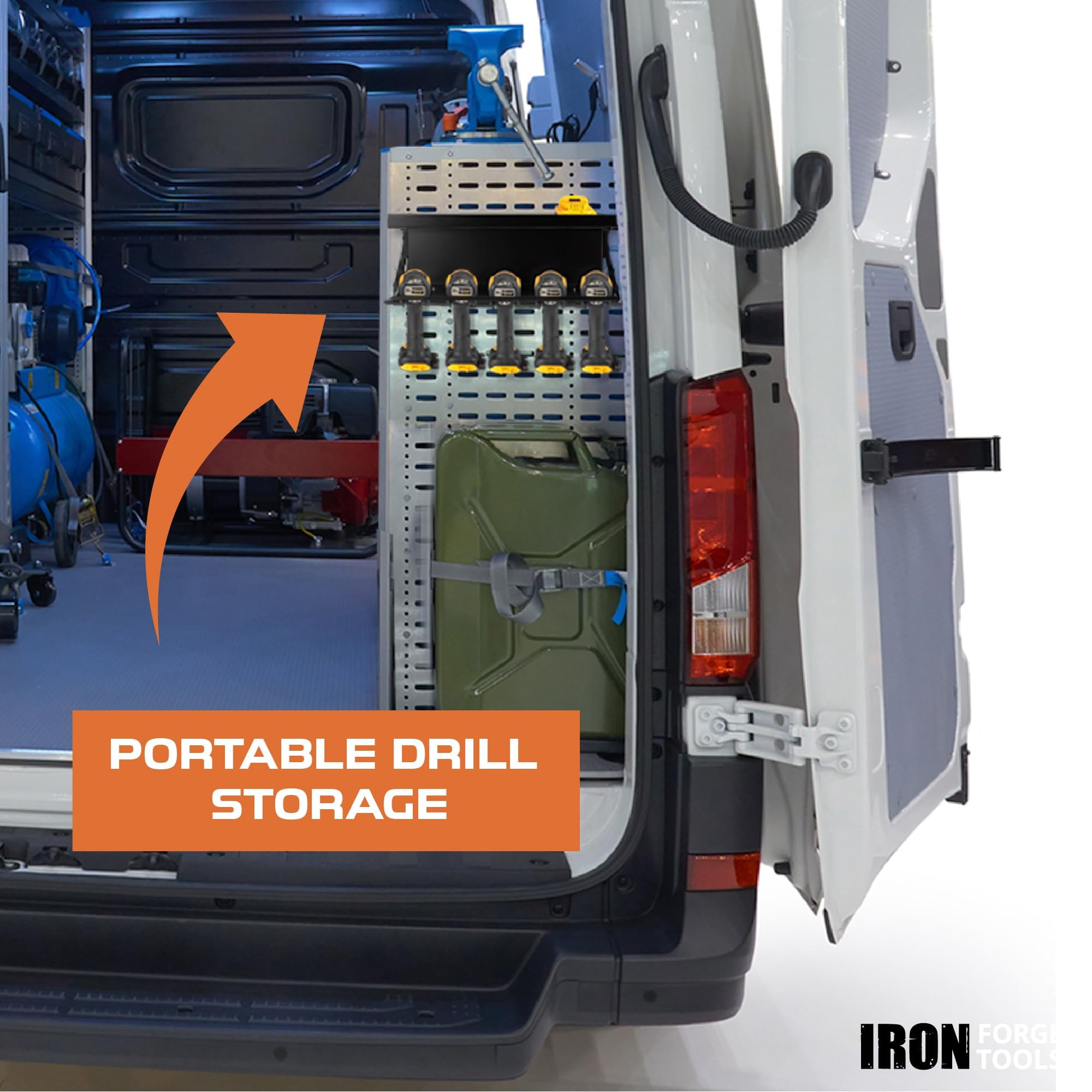 Iron Forge Tools Metal Power Tool Organizer Wall Mount - 5 Drill Holder Cordless Powertool Dock, Enclosed Utility Trailer & Garage with Locking Rack