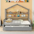 Aukfa Trundle Bed with Roof and Shelves, Wooden Full House Bed with Trundle Gray