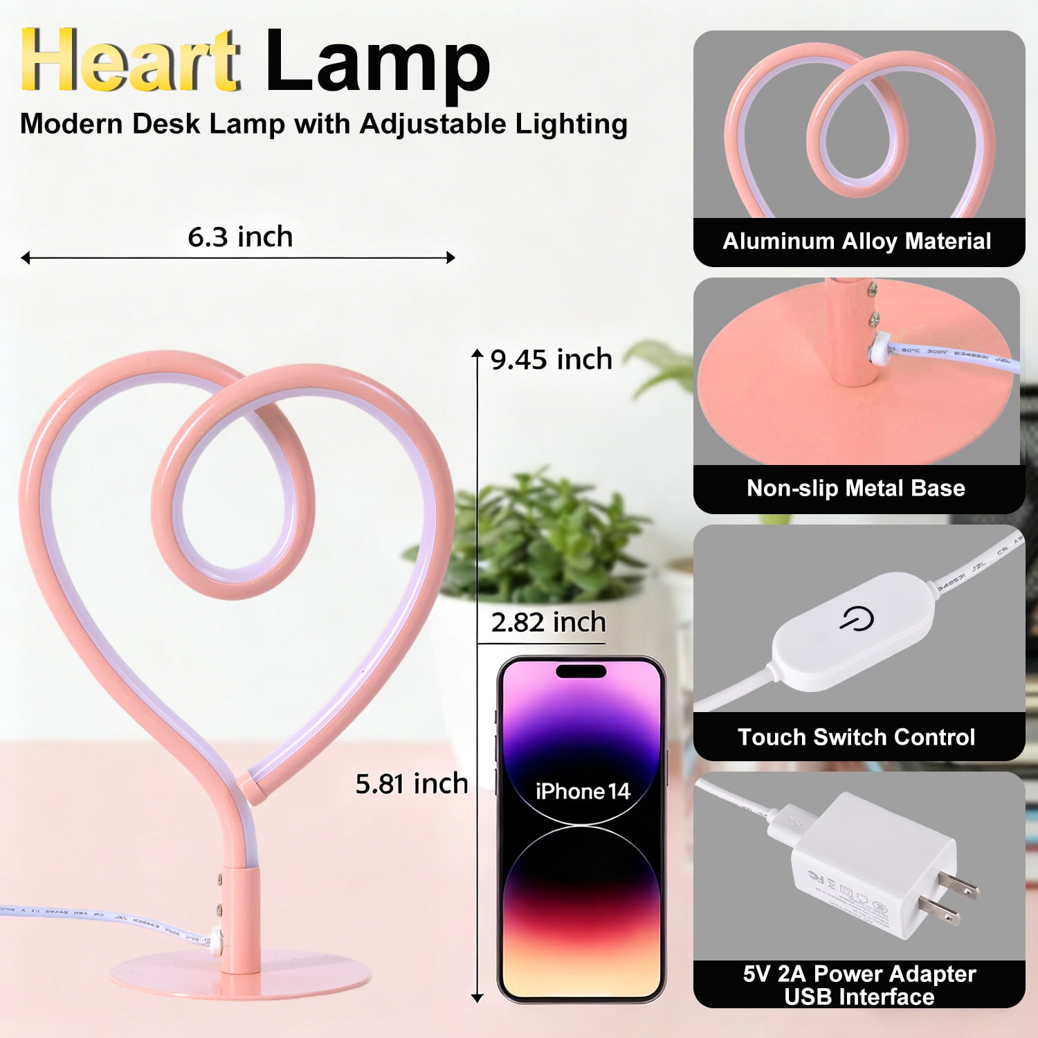 Sunnyin LED Lights Pink Table Lamp Heart Shape 3CCT USB Adapter Night Light