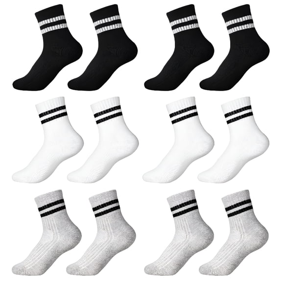TELOLY 6 Pairs Kids Cotton Socks, Boy Crew Socks, Kids Sports Cushioned Crew Socks, Casual Stripes Socks, Mid Cut Ankle Socks for Boys Girls 3-12 Year Old (L)