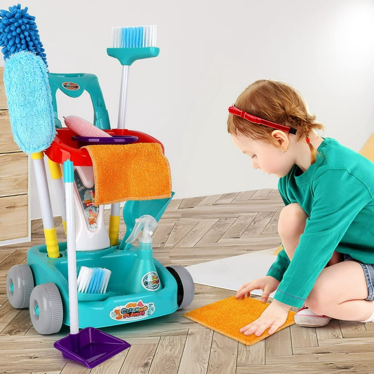 Kids Cleaning Set 12 PCS Pretend Play Detachable Housekeeping Cart with  Broom,Dust Pan, Spray Bottle Children House Cleaning Tools Toys, Kids Broom