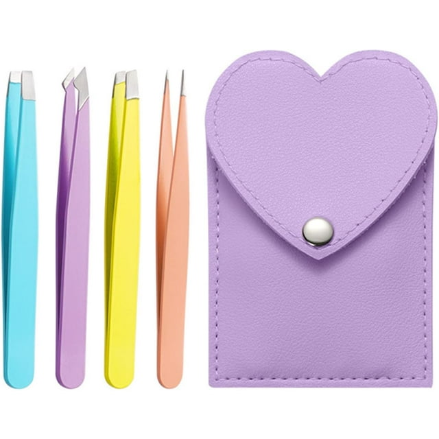 4 Pcs Tweezers Set, Eyebrow Tweezers Set with Angled Tweezers Pointed Tweezers and Heart Leather Case for Precision Facial Hair Splinter Eyebrow Hair Blackhead & Ingrown Hair Removal (Purple)