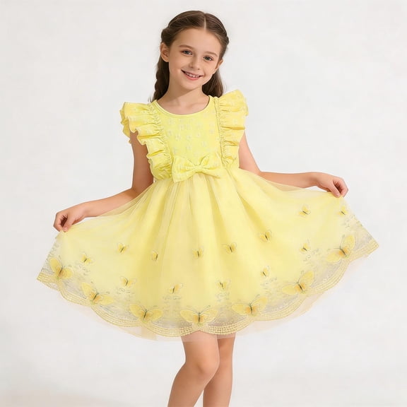 DAETIROS Girls Yellow Easter & Birthday Party Dress, Princess Flower Girl Dress with Butterfly Embroidery, Tulle A-Line Skirt 3-8 Years,Size 7-8 T