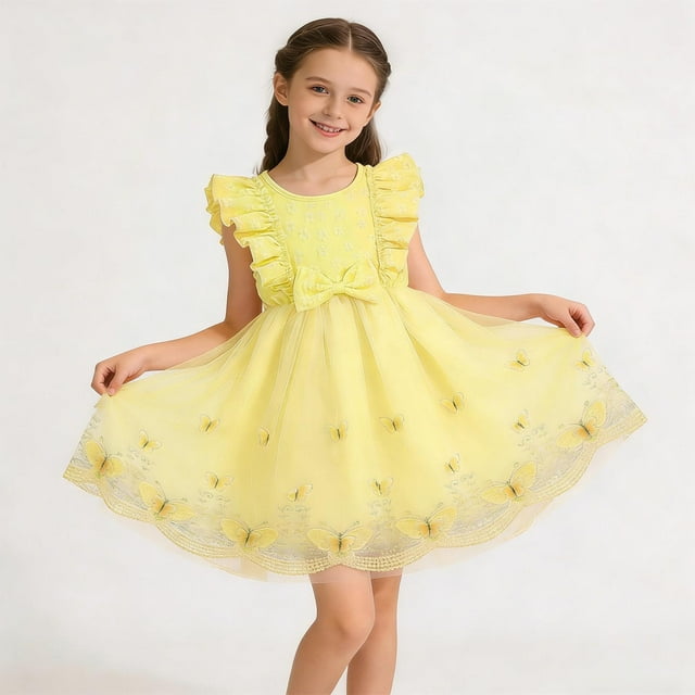 hengsof Robes pour Filles Robes Sans Manches à Volants Robes à Nœud Sucré Robes Imprimées à la Mode Robes en Tulle Style Princesse Mignon