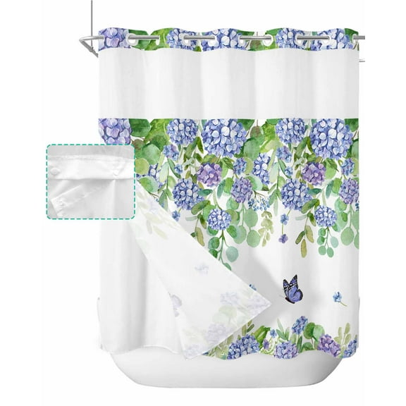 No Hook Shower Curtain with Snap in Liner, Hydrangea Eucalyptus Butterfly Floral Watercolor Hotel Shower Curtains for Bathroom, Washable Shower Curtain Liner Set with Mesh Top Window, 72"x72"