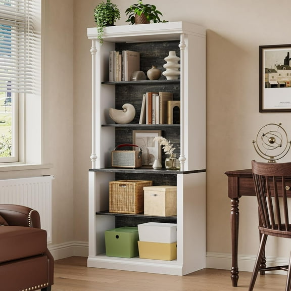 71 Inch Tall Storage Bookshelf with 5-Tier Open Shelves Roman Column Bookshelf with LED Lights Display Cabinet for Home Office Living Room White and Grey Grain Without Doors