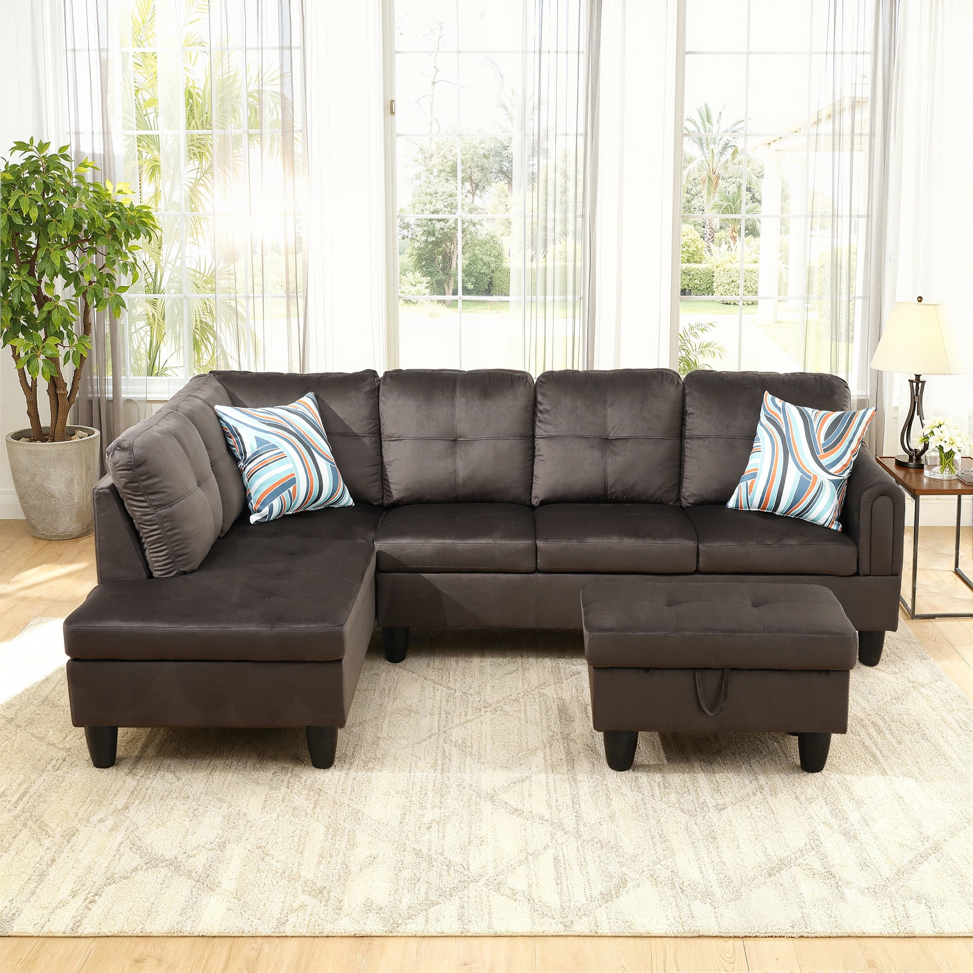 MAYEERTY 97" Flannel Sectional Sofa, 3-Piece Couch Living Room Sofa Set with Ottoman, Dark Brown (Left)