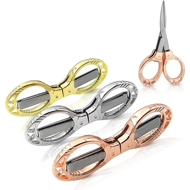 WWS-3 Pcs Small Folding Scissors, Mini Craft Scissors, Foldable Scissors Multi-Purpose, Travel Scissors Safety for Home Office Nurses Fabric Sewing Fishing, Stainless Steel, Gold, Rose Gold, Silver