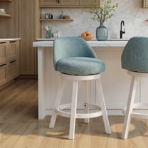 Erika Modern Transitional Swivel Wood Counter Height Kitchen Bar Stool in White Finish with Light Blue Fabric Upholstered Seat