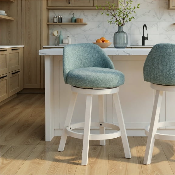 Erika Modern Transitional Swivel Wood Counter Height Kitchen Bar Stool in White Finish with Light Blue Fabric Upholstered Seat